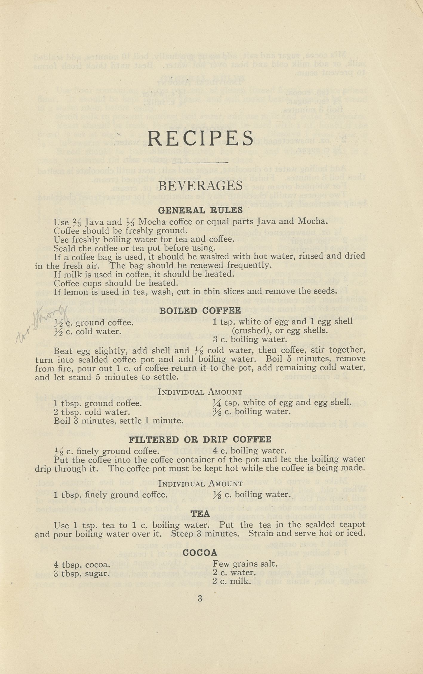 Page 3 of The Household Science Book of Recipes which discusses coffee, including the Boiled Coffee using egg.