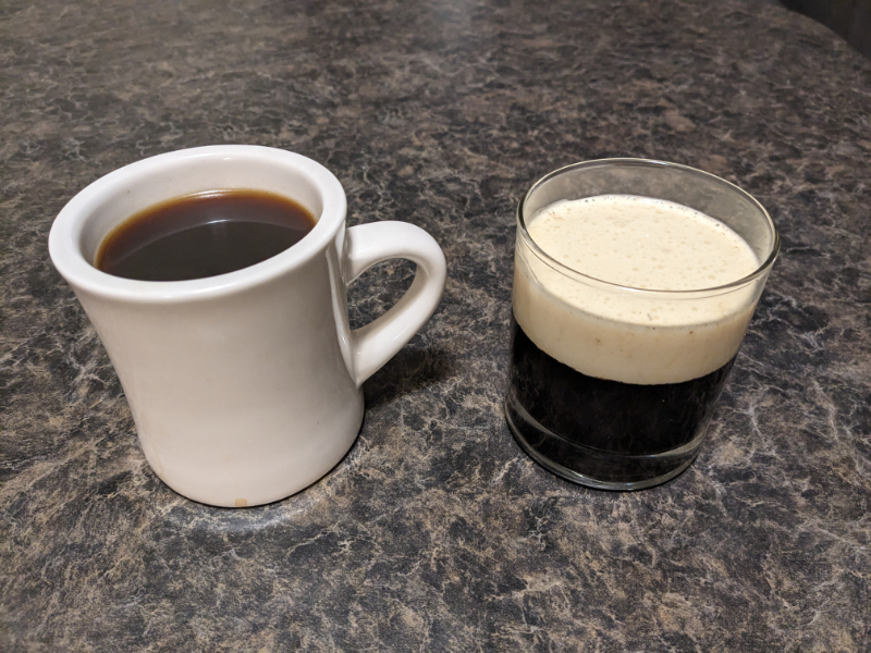 Image of two egg coffees, the left in a mug without milk and the right in a glass with a layer of foamy custard.