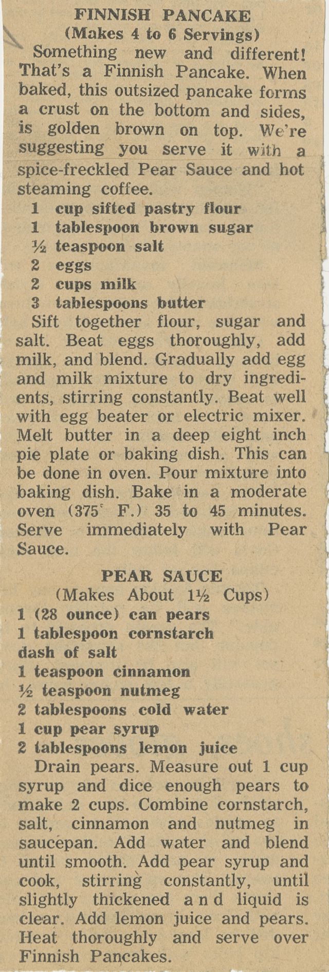 Digitized newspaper clipping with recipe for Finnish Pancake and Pear Sauce.