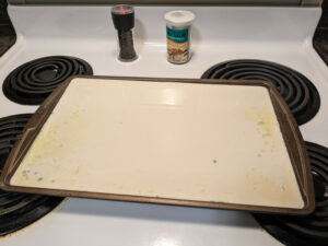 Pancake batter in sheet pan.